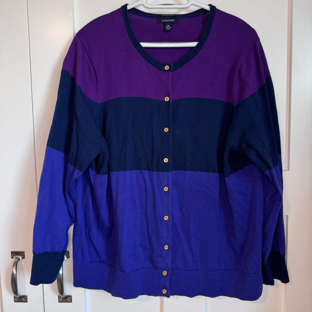 Lands' End Color Block Cardigan Sweater Purple‎ Blue Women's Size 1X 100% Cotton